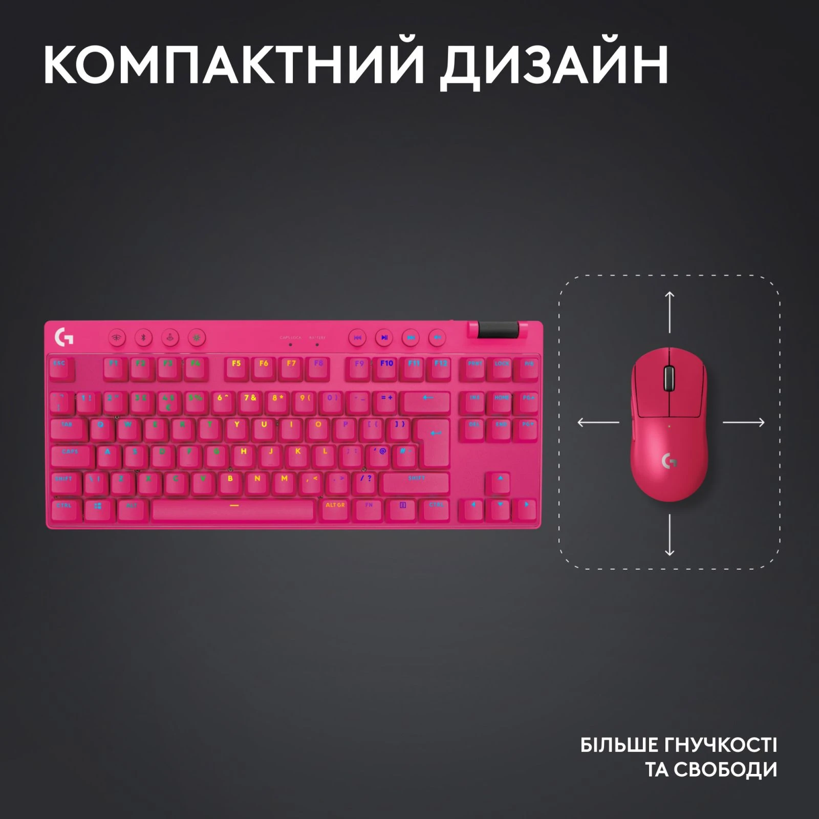 Logitech G PRO X TKL Lightspeed Tactile USB UA Magenta (920-012159) (UA) Назначение для ПК