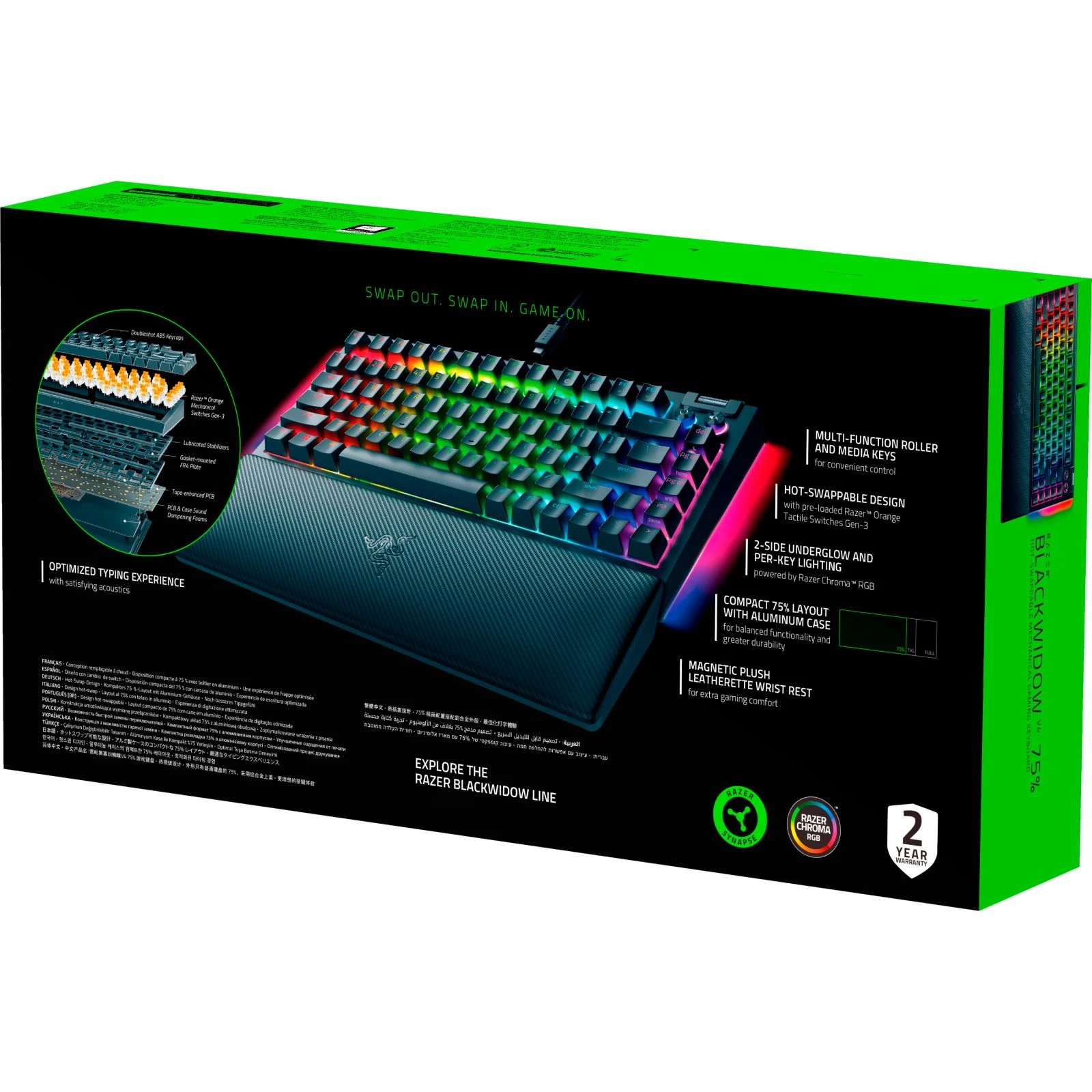 Razer BlackWidow V4 75 USB UA Black (RZ03-05000100-R3M1) (UA) Тип мультимедийная, с подсветкой, игровая