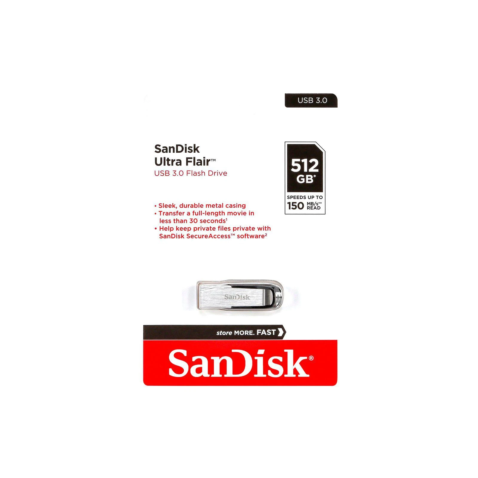 SanDisk 512GB Ultra Flair Silver-Black USB 3.0 (SDCZ73-512G-G46) (UA) Интерфейс USB 3.0