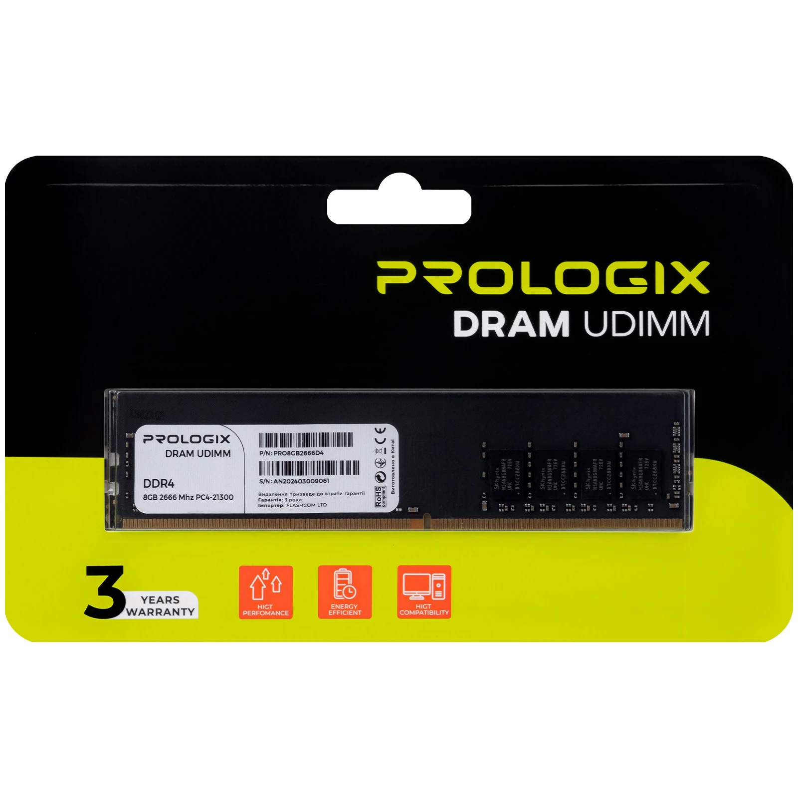 DDR4 8GB 2666 MHz Prologix (PRO8GB2666D4) (UA) Тип пам'яті: DDR4; Об'єм пам'яті: 8