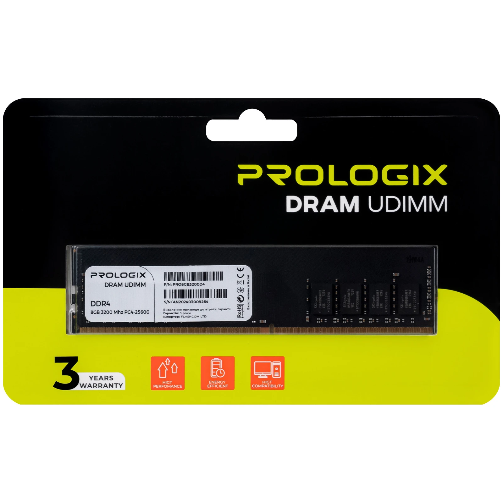 DDR4 8GB 3200 MHz Prologix (PRO8GB3200D4) (UA) Тип пам'яті: DDR4; Об'єм пам'яті: 8
