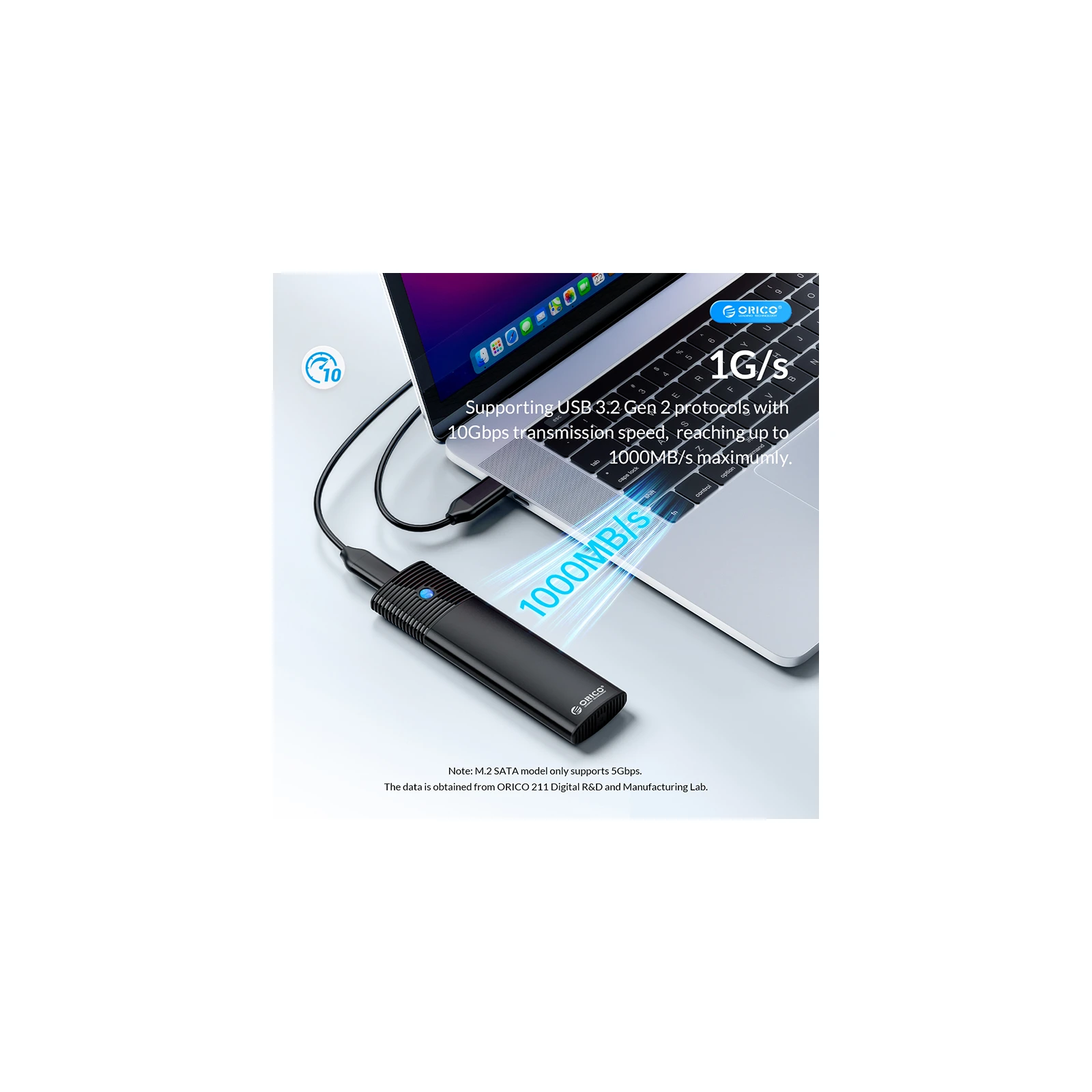 Orico USB3.2 Gen2 USB-C M.2 NVMe/NGFF(SATA) Dual Protocol SSD (HC380503) (UA) Зовнішній інтерфейс USB Type-C