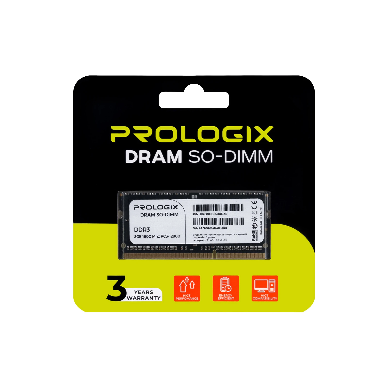 SoDIMM DDR3 8GB 1600MHz Prologix (PRO8GB1600D3S) (UA) Тип пам'яті: DDR3; Об'єм пам'яті: 8