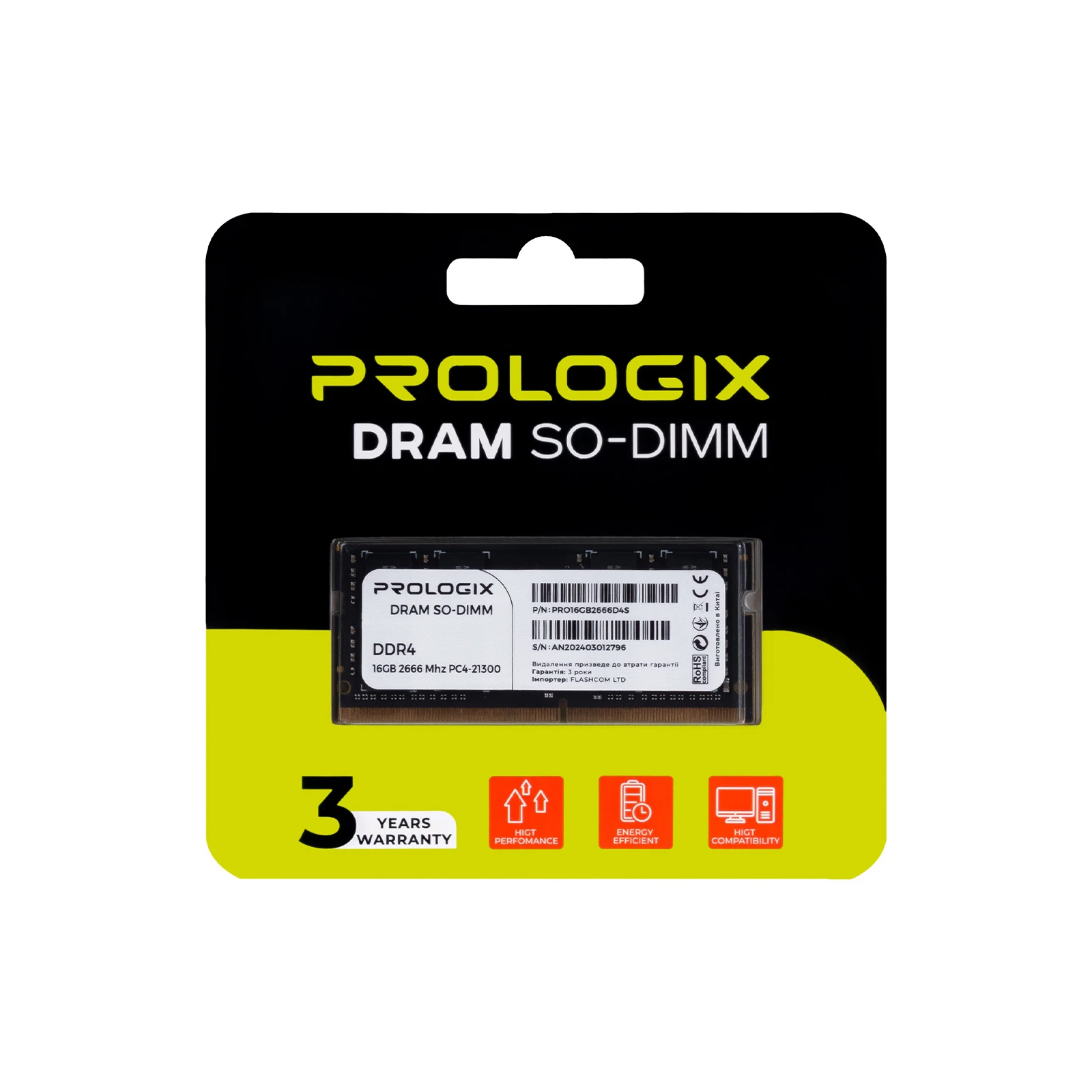 SoDIMM DDR4 16GB 2666 MHz Prologix (PRO16GB2666D4S) (UA) Тип памяти: DDR4; Объем памяти: 16