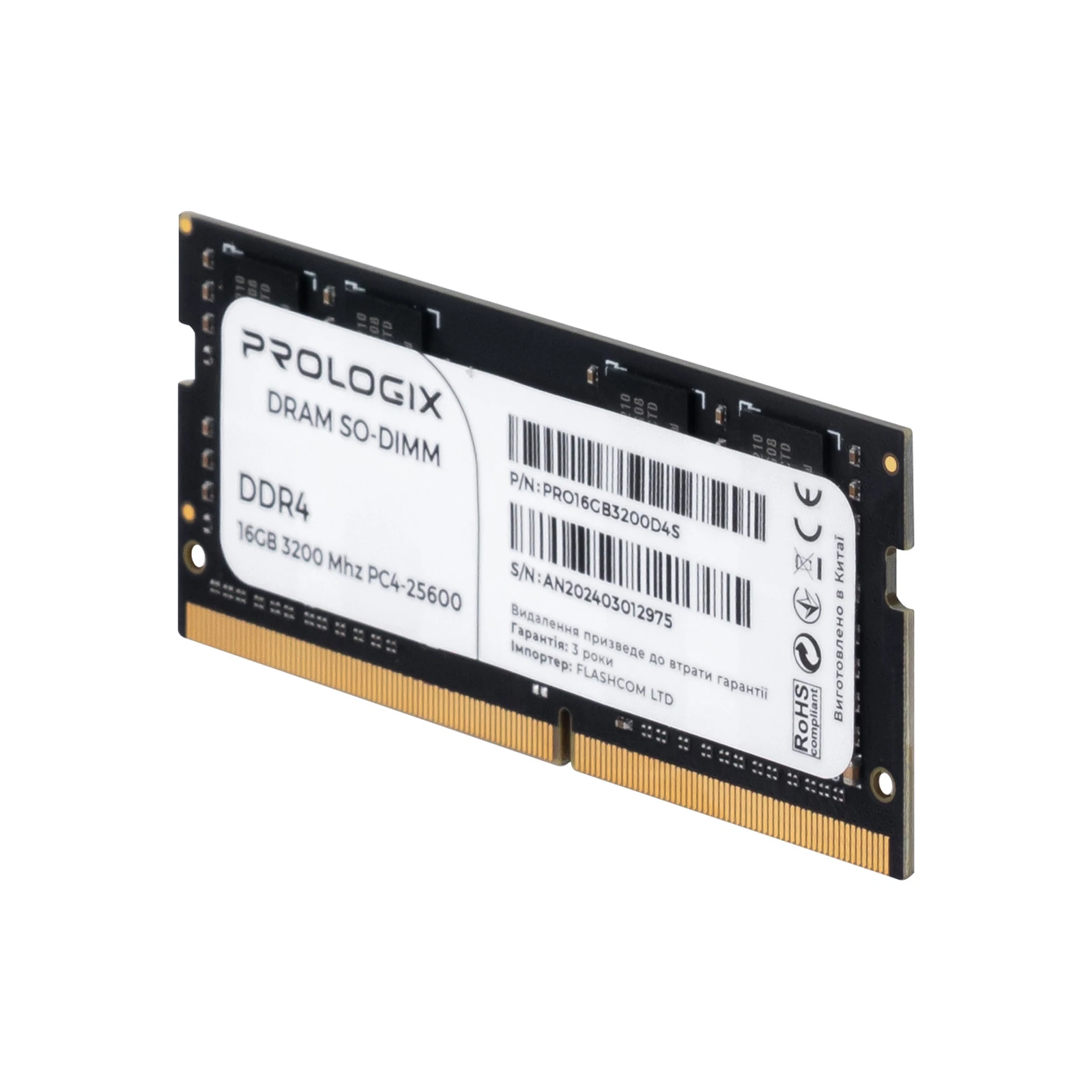 SoDIMM DDR4 16GB 3200MHz Prologix (PRO16GB3200D4S) (UA) Тип пам'яті: DDR4; Об'єм пам'яті: 16