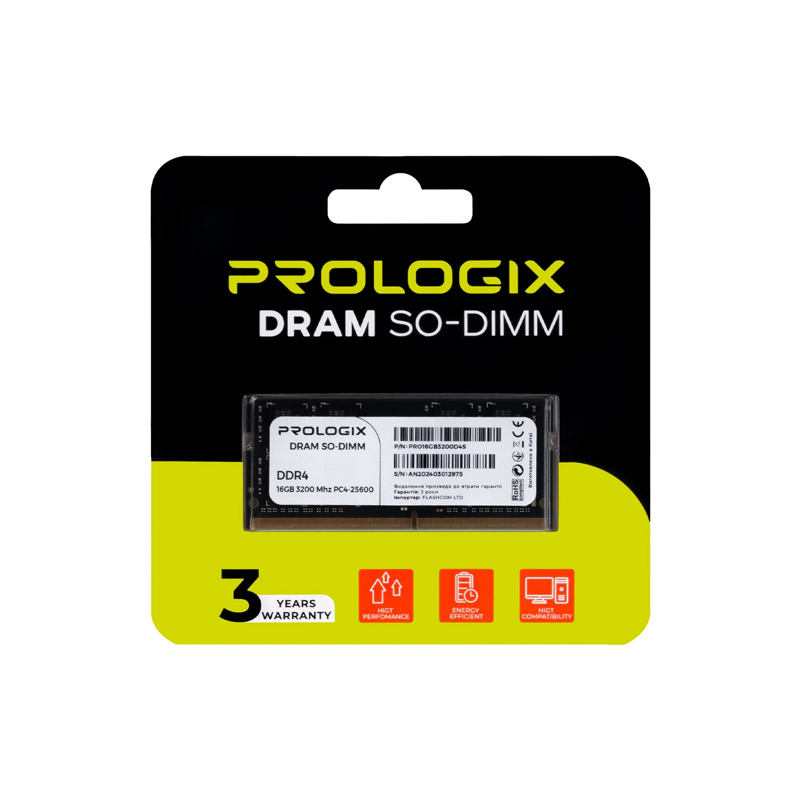 SoDIMM DDR4 16GB 3200MHz Prologix (PRO16GB3200D4S) (UA) Тип пам'яті: DDR4; Об'єм пам'яті: 16