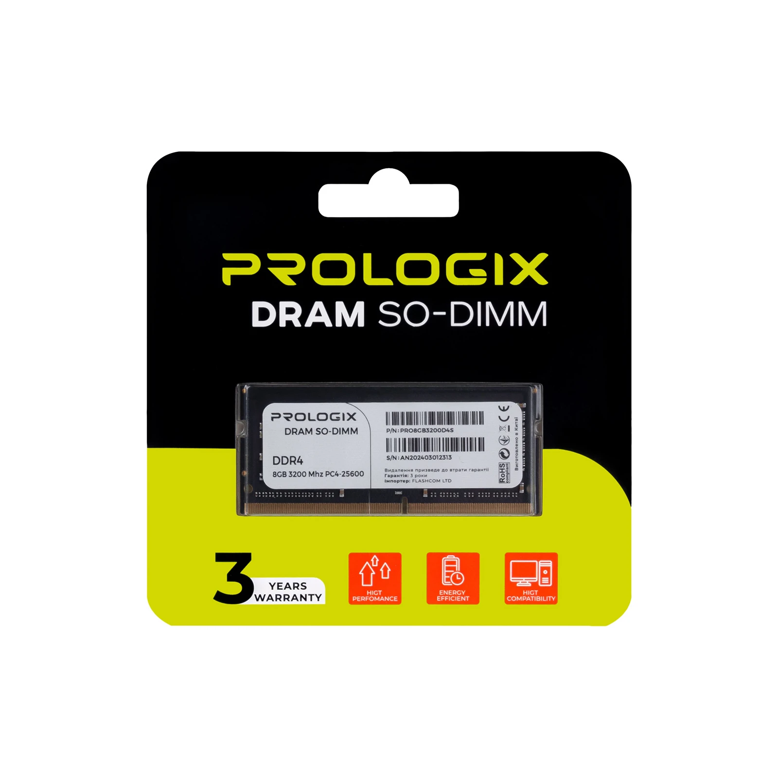 SoDIMM DDR4 8GB 3200 MHz Prologix (PRO8GB3200D4S) (UA) Об'єм пам'яті 8 ГБ