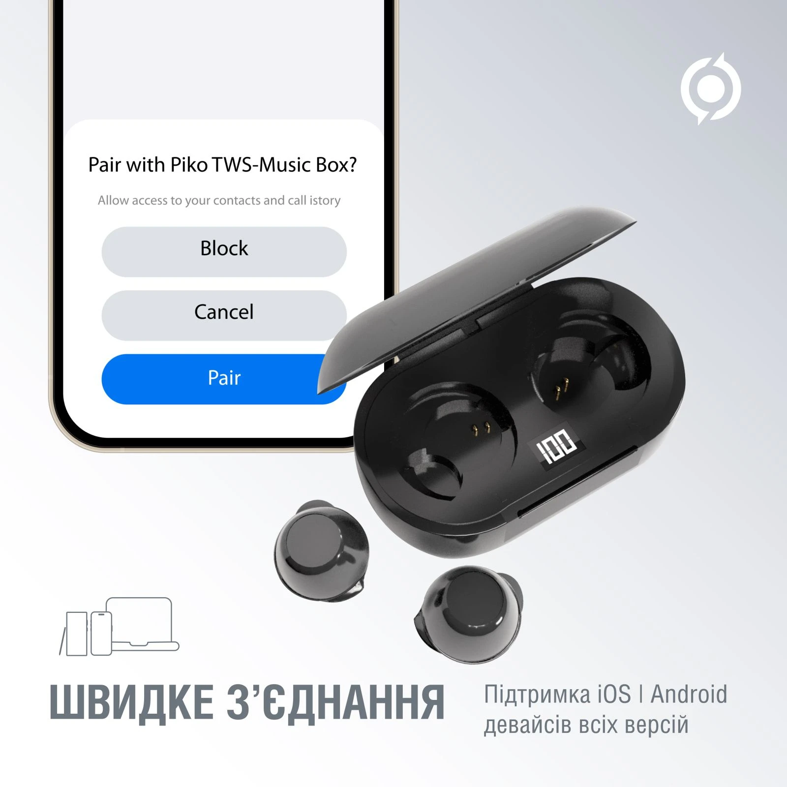 Piko TWS-MusicBox Black (1283126583414) (UA) Конструкція вакуумні / внутрішньоканальні