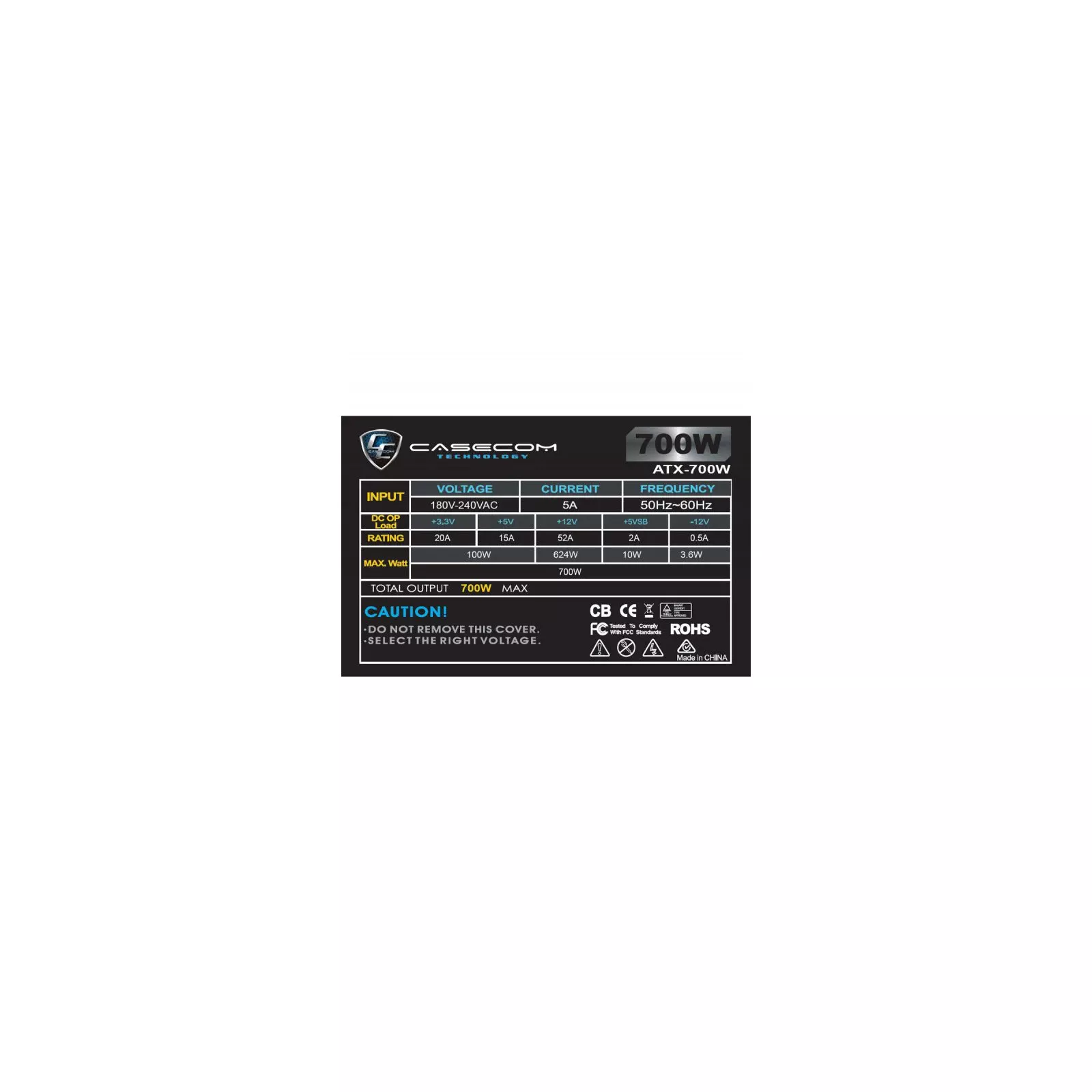 Casecom 700W (CM 700 ATX) (UA) Тип ПК: для комп'ютерів; Стандарт