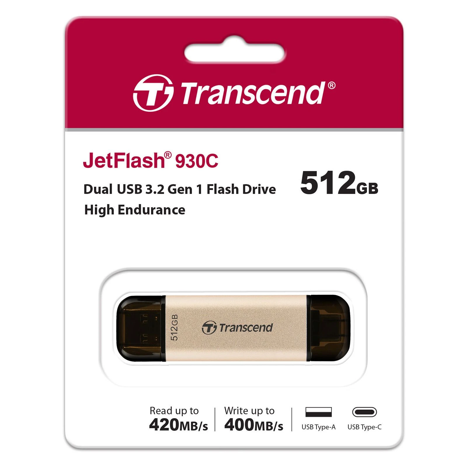 Transcend 512GB JetFlash 930C Gold-Black USB 3.2/Type-C (TS512GJF930C) (UA) Тип: Високошвидкісні; Об'єм