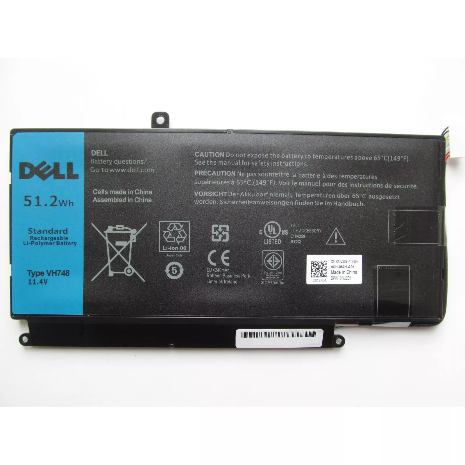Dell Vostro 5470 VH748 51.2Wh (4500mAh) 6cell 11.4V Li-ion (A41997) (UA) Тип: Li-Pol; Вид: оригінальний; P / N