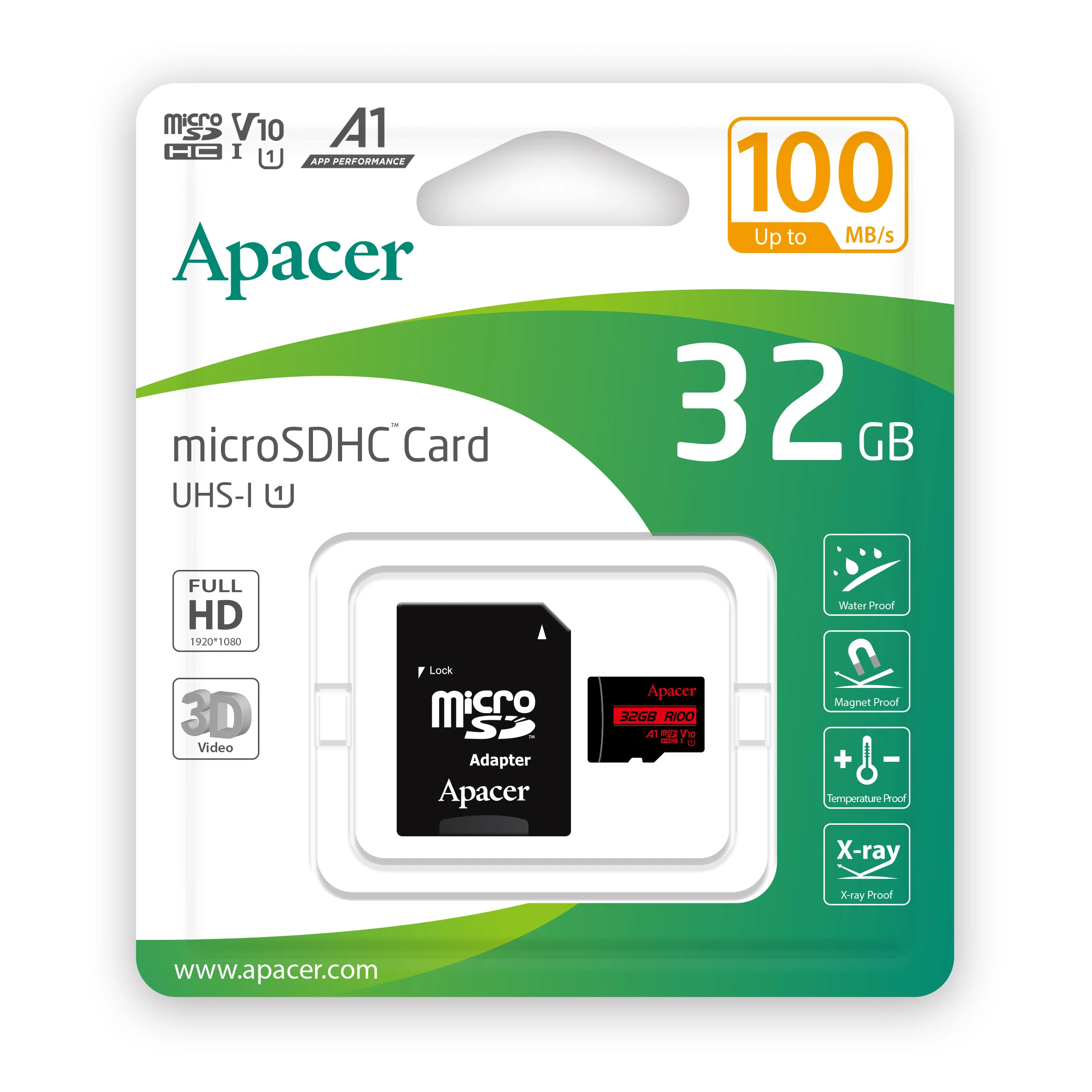 MicroSDHC 32GB UHS-I Class 10 Apacer + SD adapter (AP32GMCSH10UB-R) Тип картки: microSDHC; Об'єм пам'яті: 32