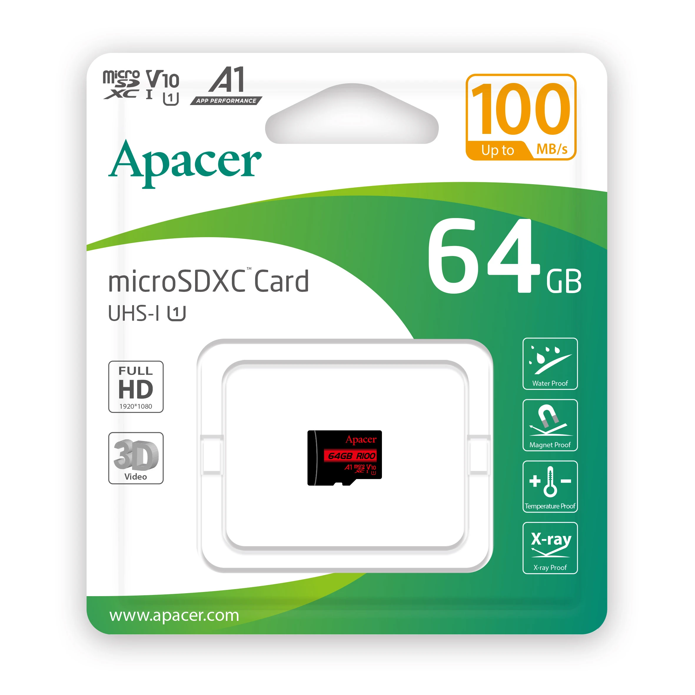 MicroSDHC 64GB UHS-I Class 10 Apacer (AP64GMCSX10UB-RA) (UA) Тип картки: microSDHC; Об'єм пам'яті: 64