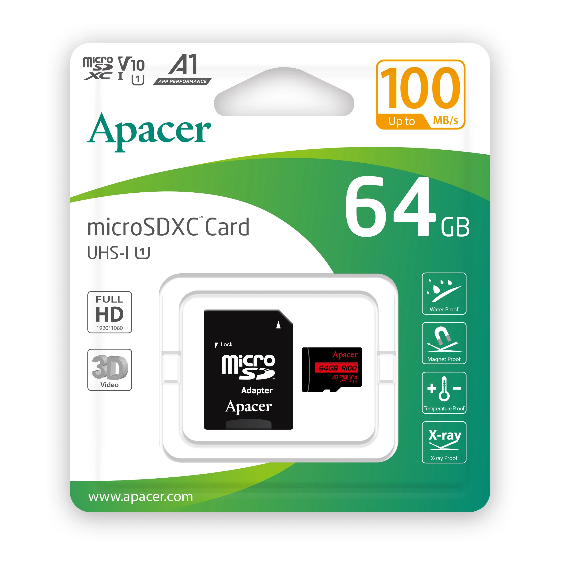 MicroSDHC 64GB UHS-I Class 10 Apacer + SD adapter (AP64GMCSX10UB-R) Тип карты: microSDHC; Объем памяти: 64