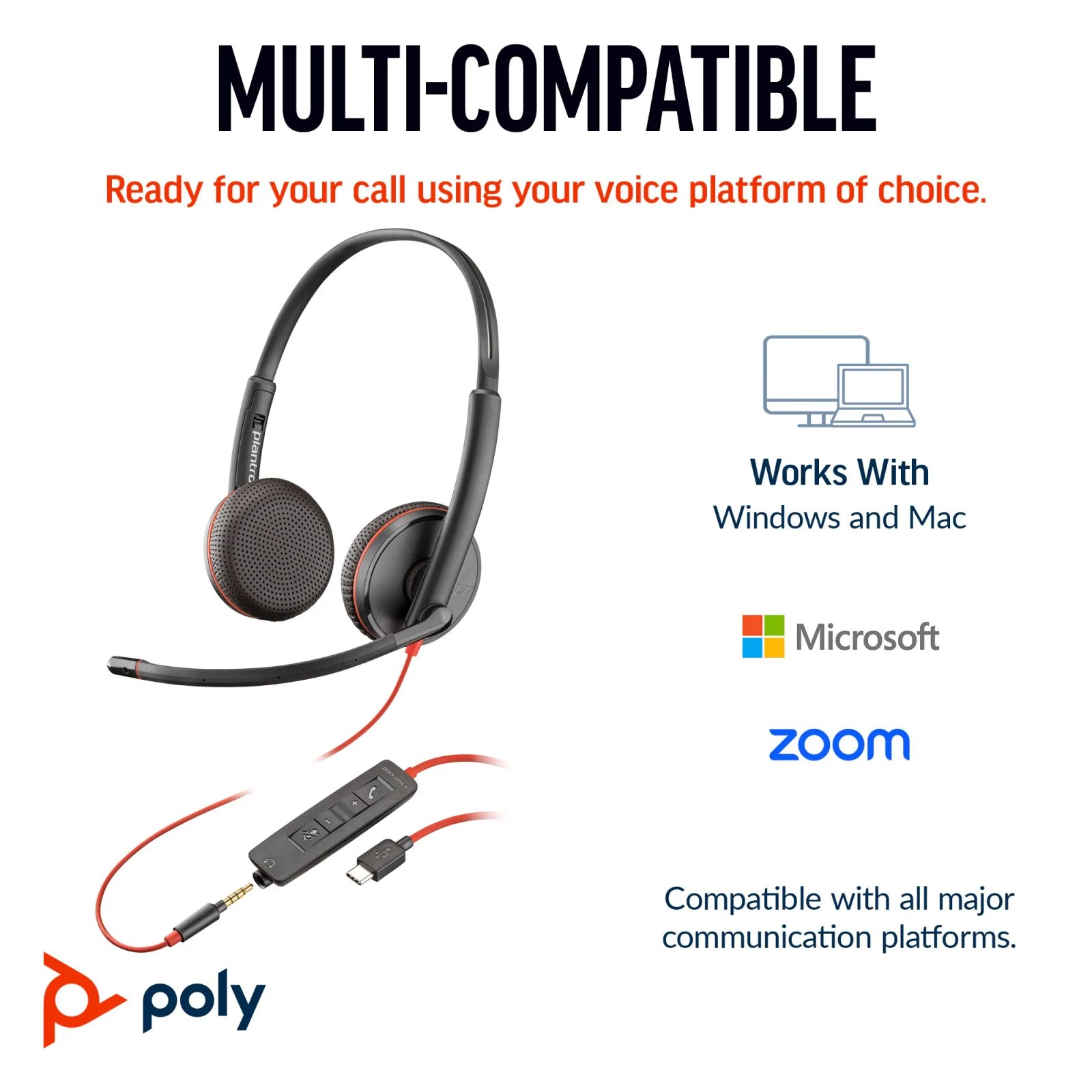 Poly BlackWire C3225 USB-C HS Stereo +3.5mm Plug + USB-C/A Adapter (Bulk) Black (8X229A6) (UA) Тип: VoIP телефонія та кол-центри;