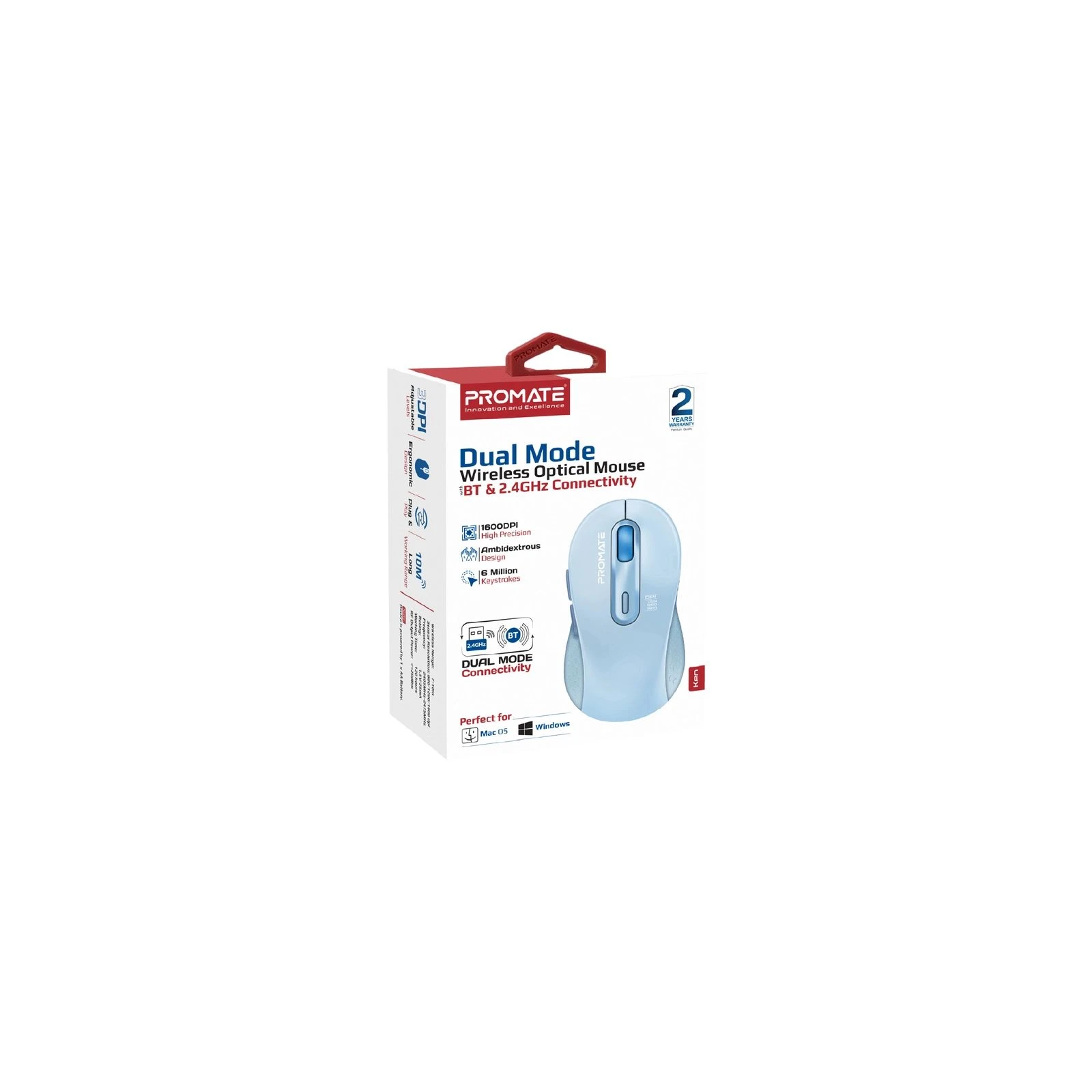 Promate Ken Wireless/Bluetooth Blue (ken.blue) (UA) Роздільна здатність (min) 800 dpi