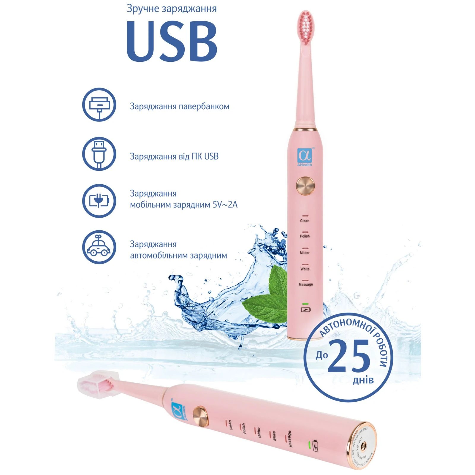 Электрическая зубная щетка AHealth SMART SONIC SMILE 1 pink (AHsss1p) (UA) Количество съемных насадок 7