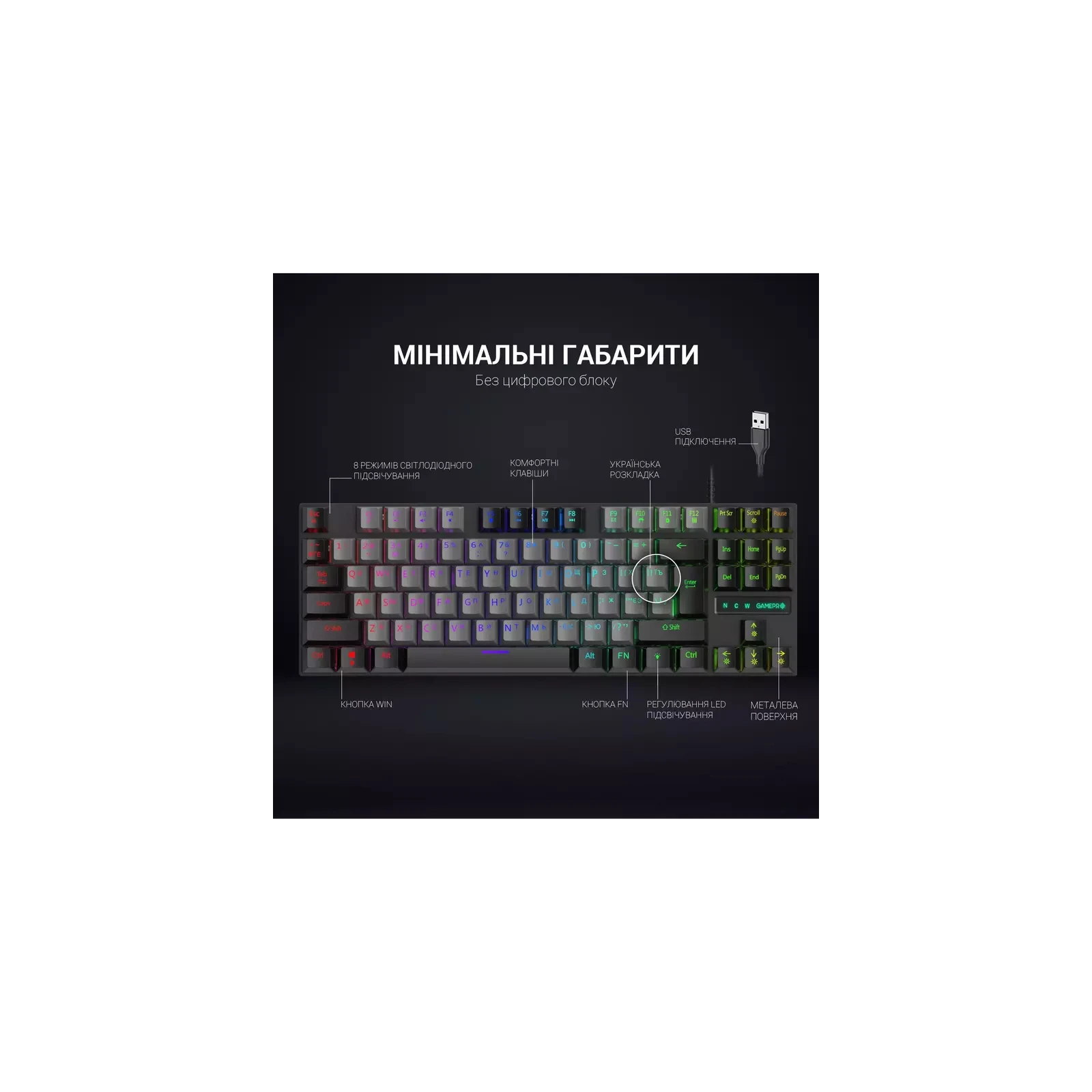 GamePro MK100B Blue Switch LED USB Black (MK100B) (UA) Формат клавіатури TKL