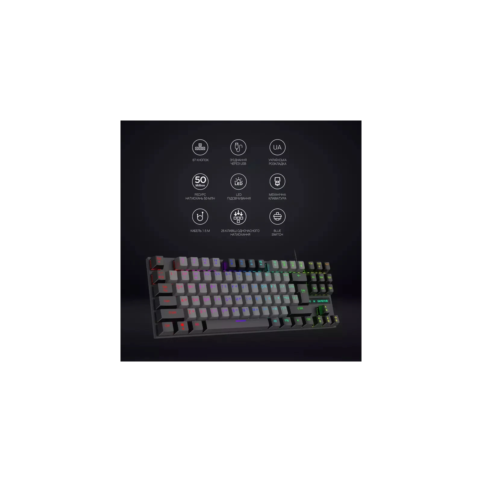 GamePro MK100B Blue Switch LED USB Black (MK100B) (UA) Інтерфейс підключення USB