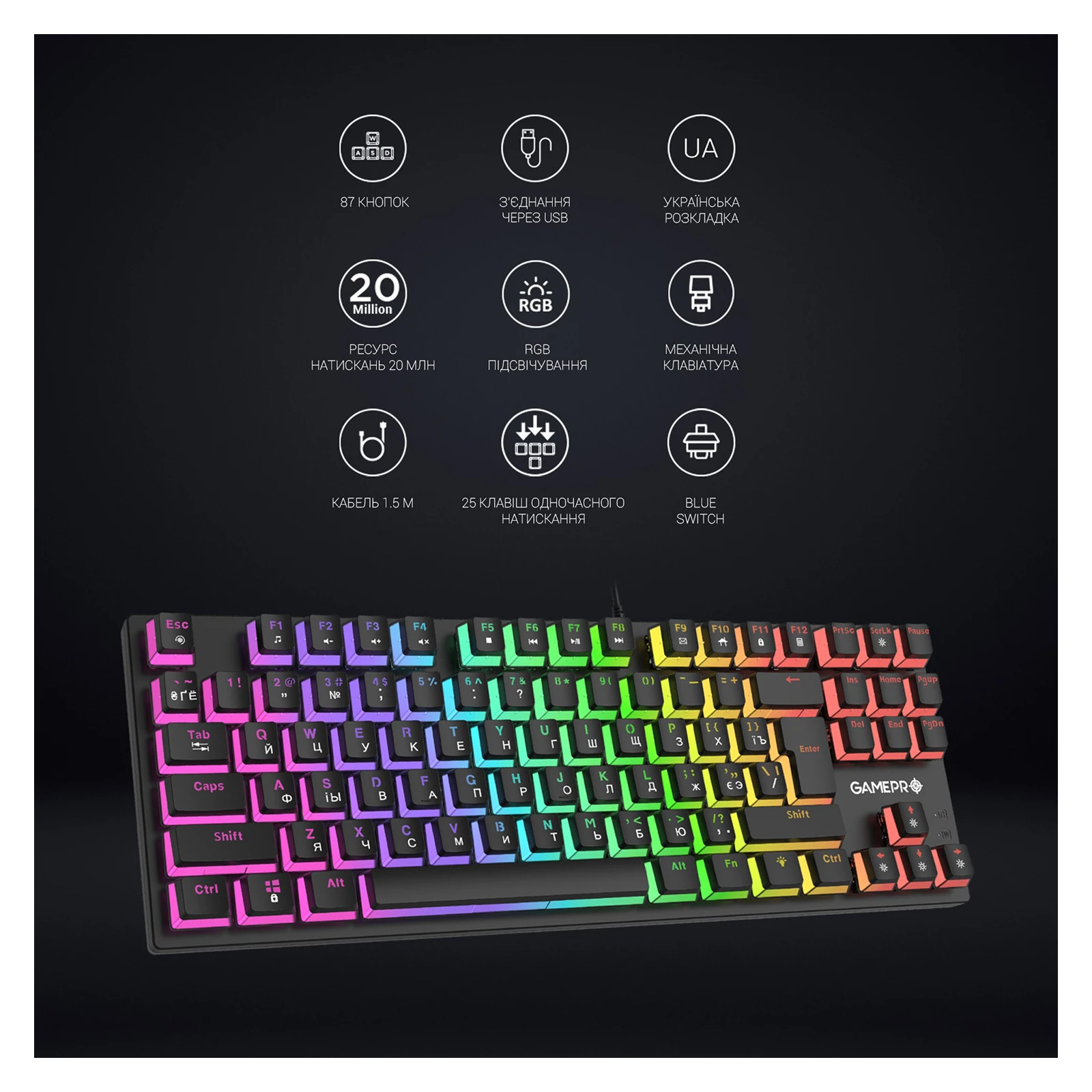 GamePro MK80R Red Switch RGB USB Black (MK80R) (UA) Тип: ігрова, мультимедійна, з