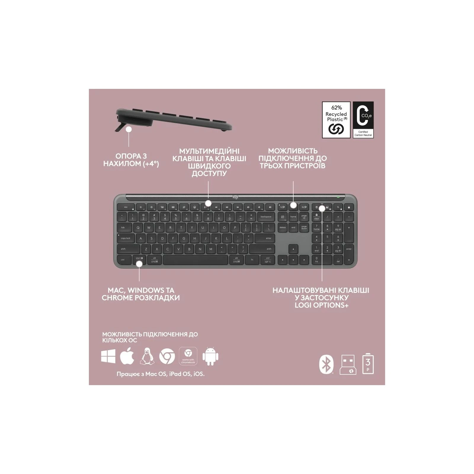 Logitech MK950 Bluetooth/Wireles UA Graphite (920-012490) (UA) Інтерфейс підключення USB адаптер 2.4 ГГц, Bluetooth