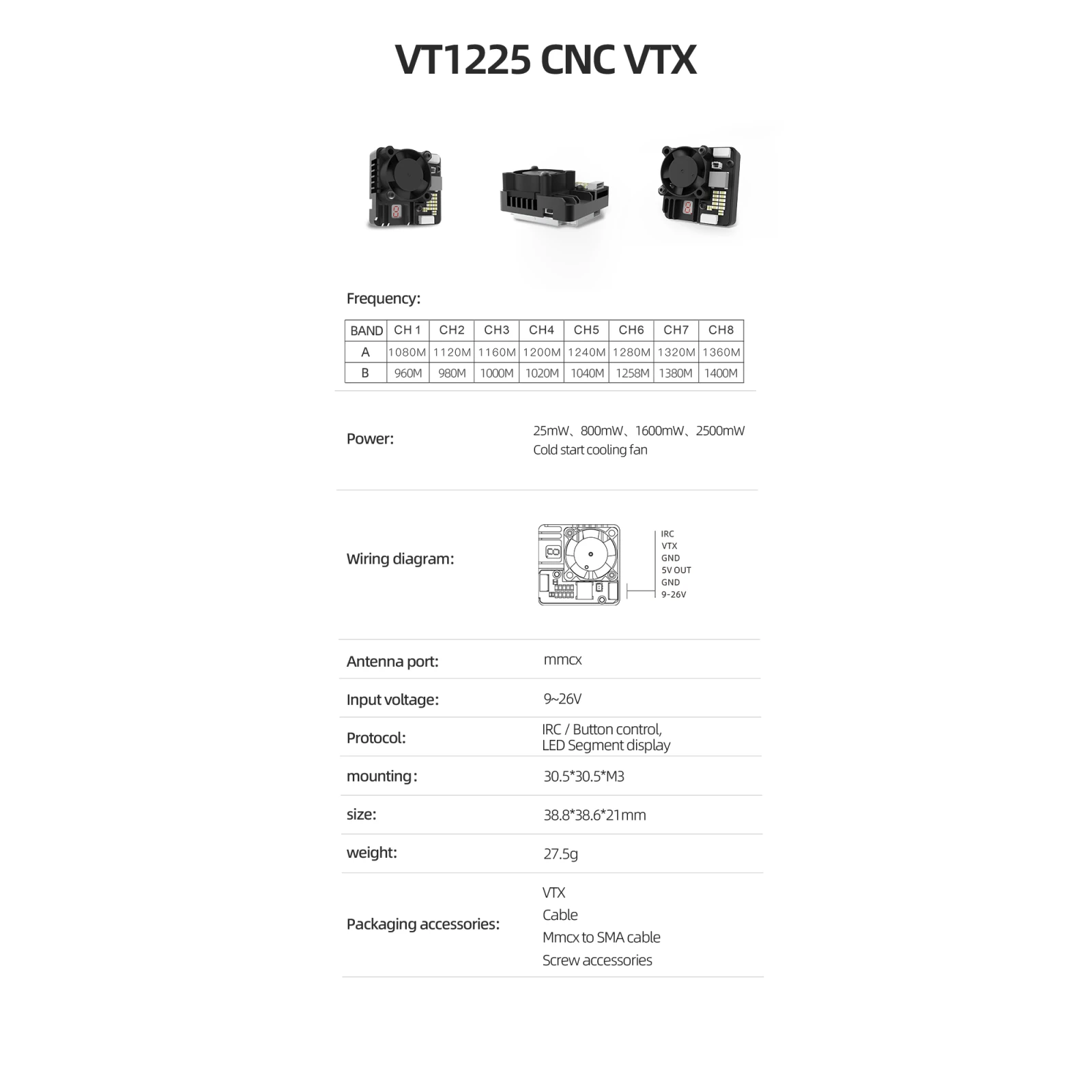 Видеопередатчик (VTX) Skyzone ATOMRC 2.5W 1.2GHz 16CH (VT1225) (UA) Тип: Аналоговый; Мощность: