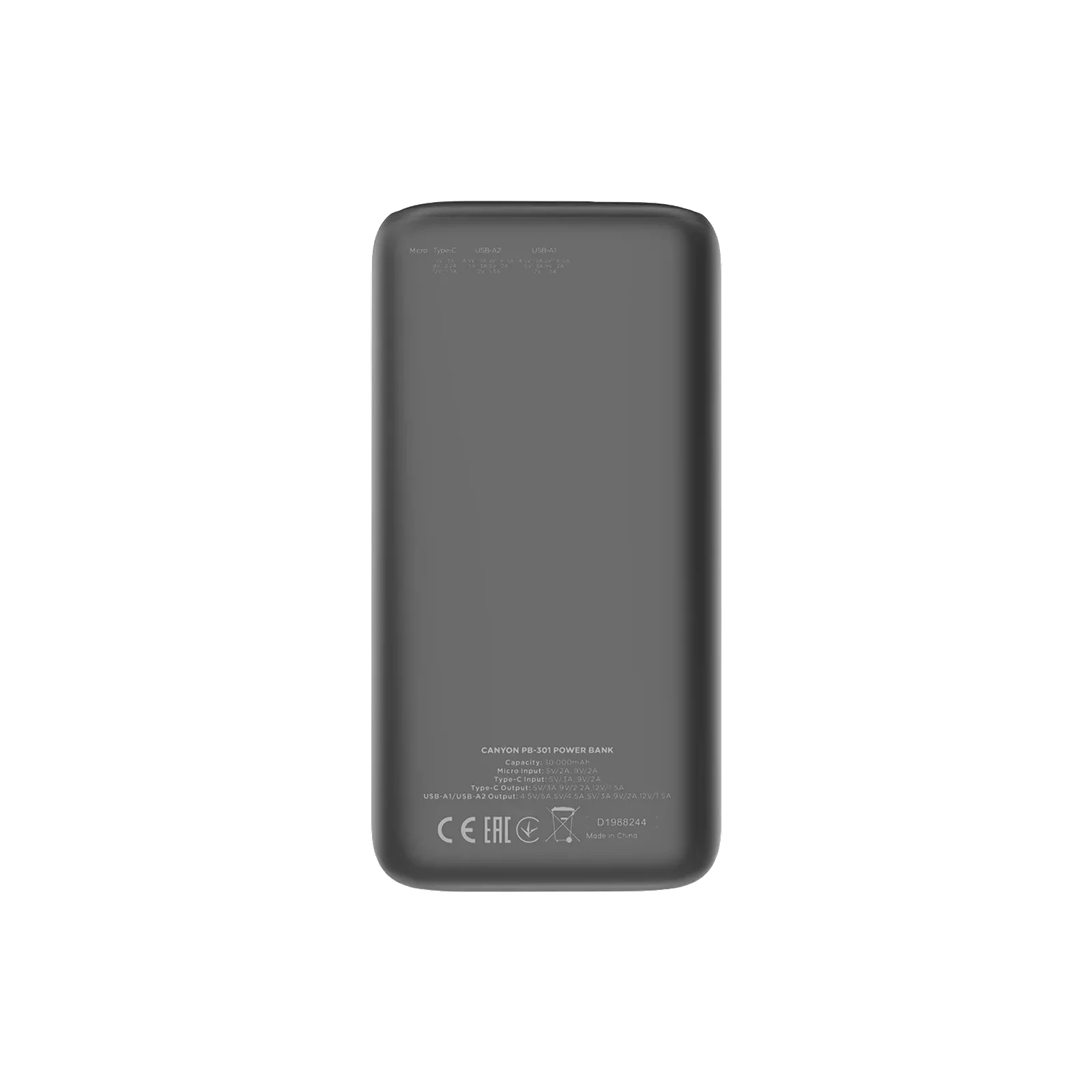 Canyon PB-301 30000mAh PD/20W, QC/3.0 (CNE-CPB301B) (UA) Интерфейсы подключения (вход) microUSB, USB Type-C, USB
