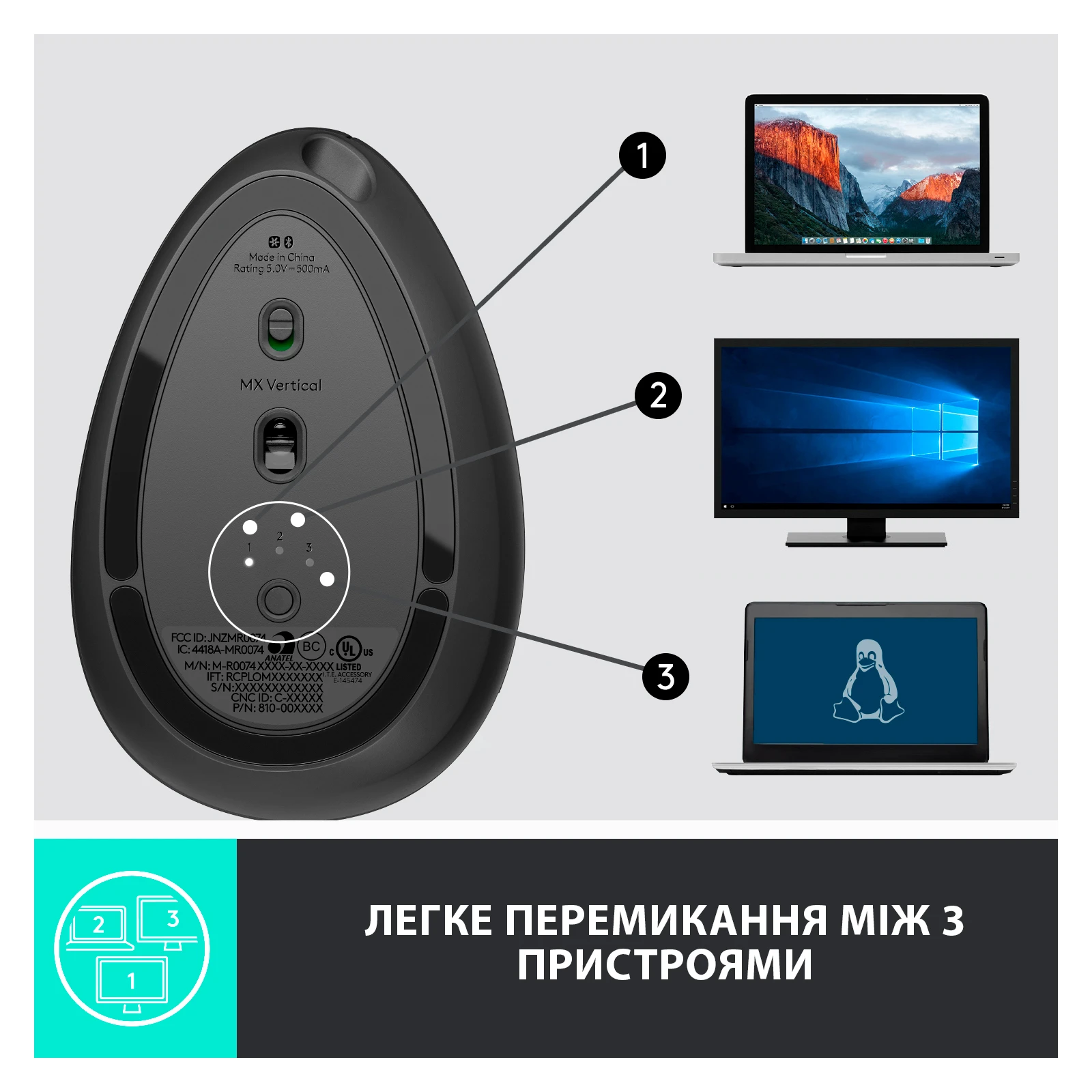 Logitech MX Vertical (910-005448) (UA) Інтерфейс підключення USB адаптер 2.4 ГГц, Bluetooth 
