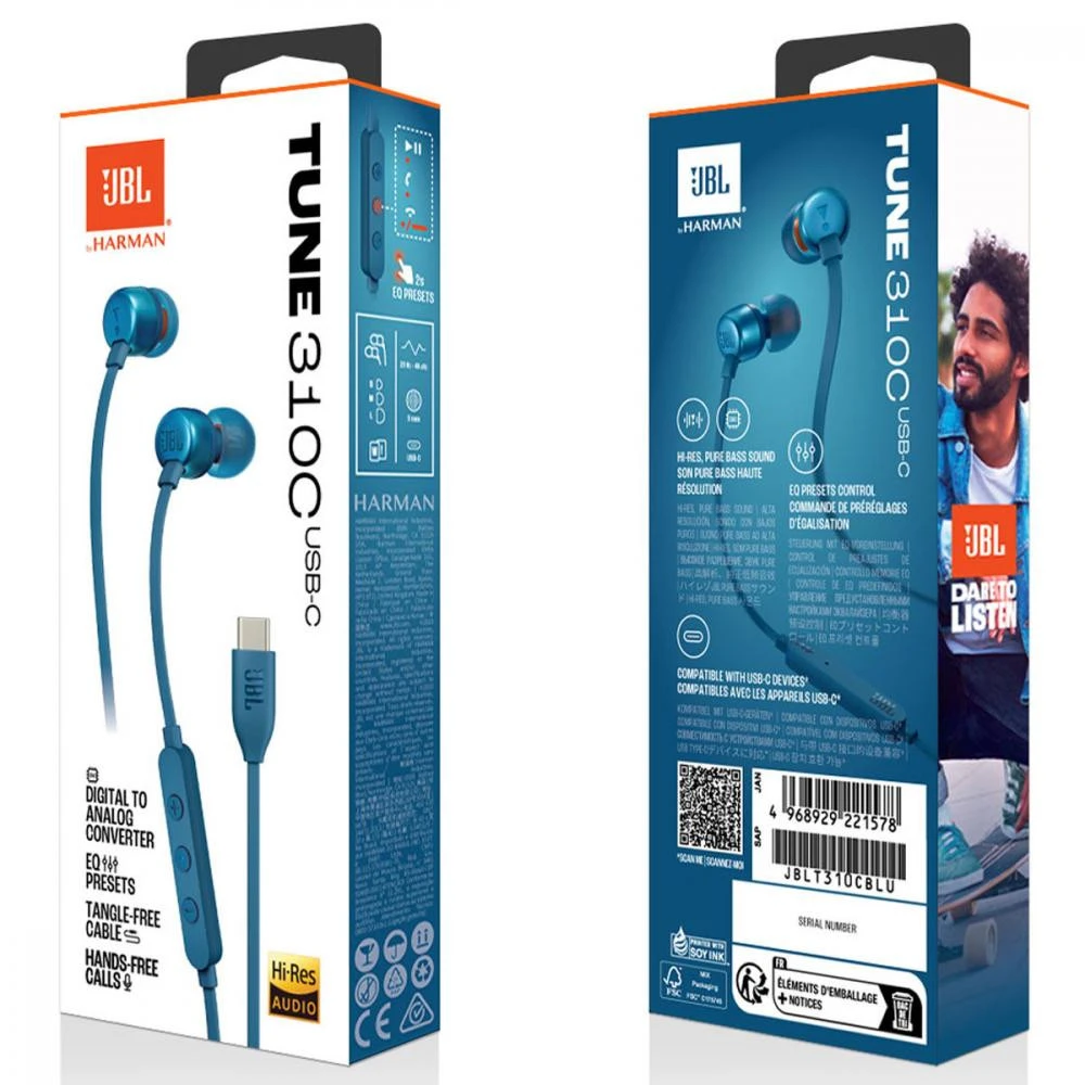 Навушники з мікрофоном JBL Tune 310C Blue (JBLT310CBLU) Тип конструкції Вакуумні (затички)