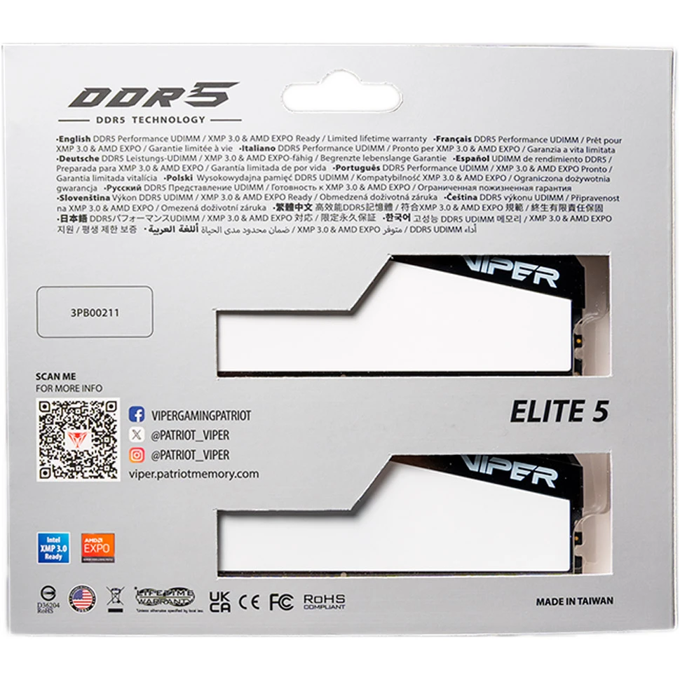PATRIOT Viper Elite 5 White DDR5 5600MHz 32GB Kit 2x16GB (VEB532G5636KW) (UA) Форм-фактор і тип пам'яті DIMM DDR5