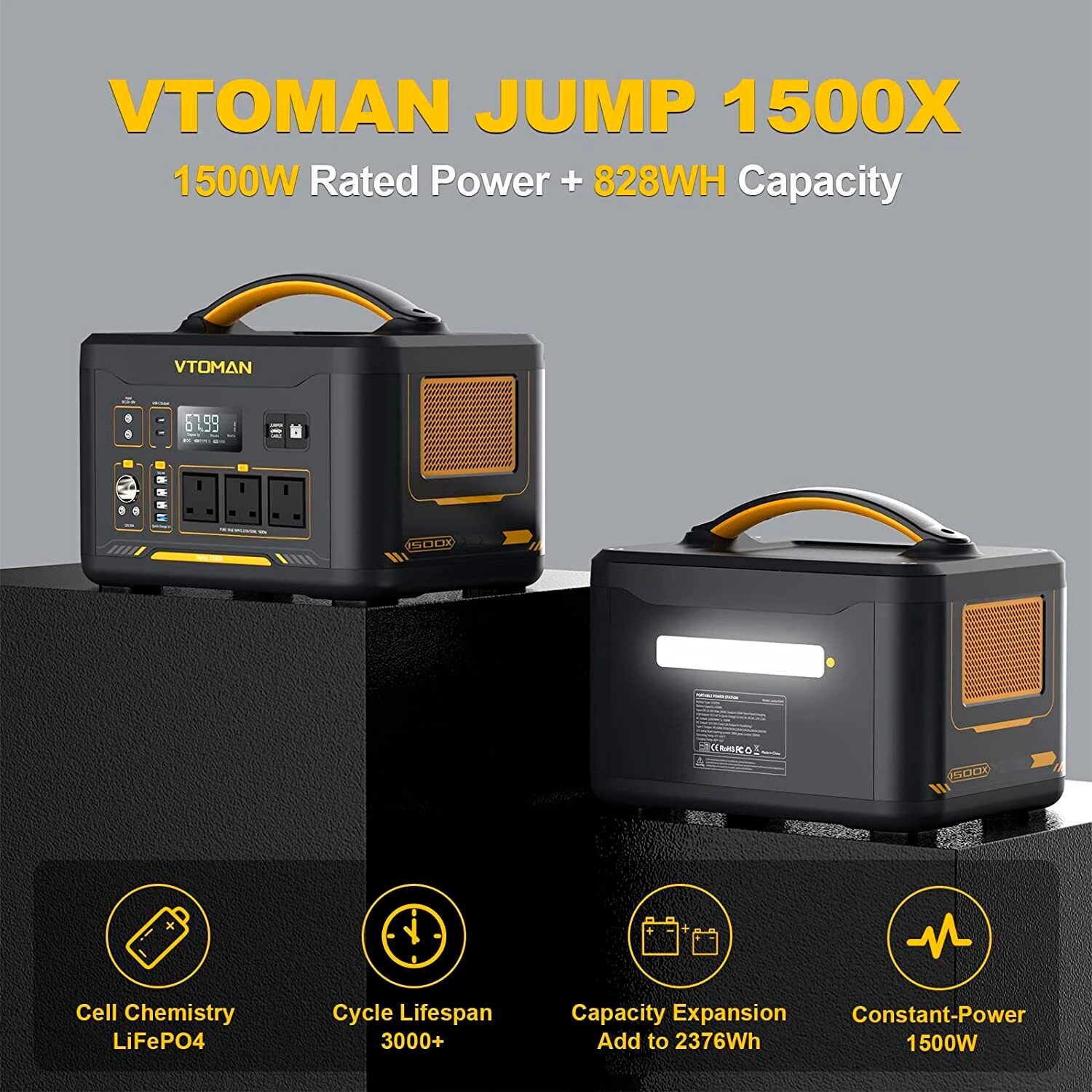 VTOMAN Jump 1500X (UA) Виходи AC 220V × 3;DC 12V car charger × 1;DC 12V × 2;Jump Starter × 1;USB-A QC × 1;USB-A × 3;USB-C PD × 2