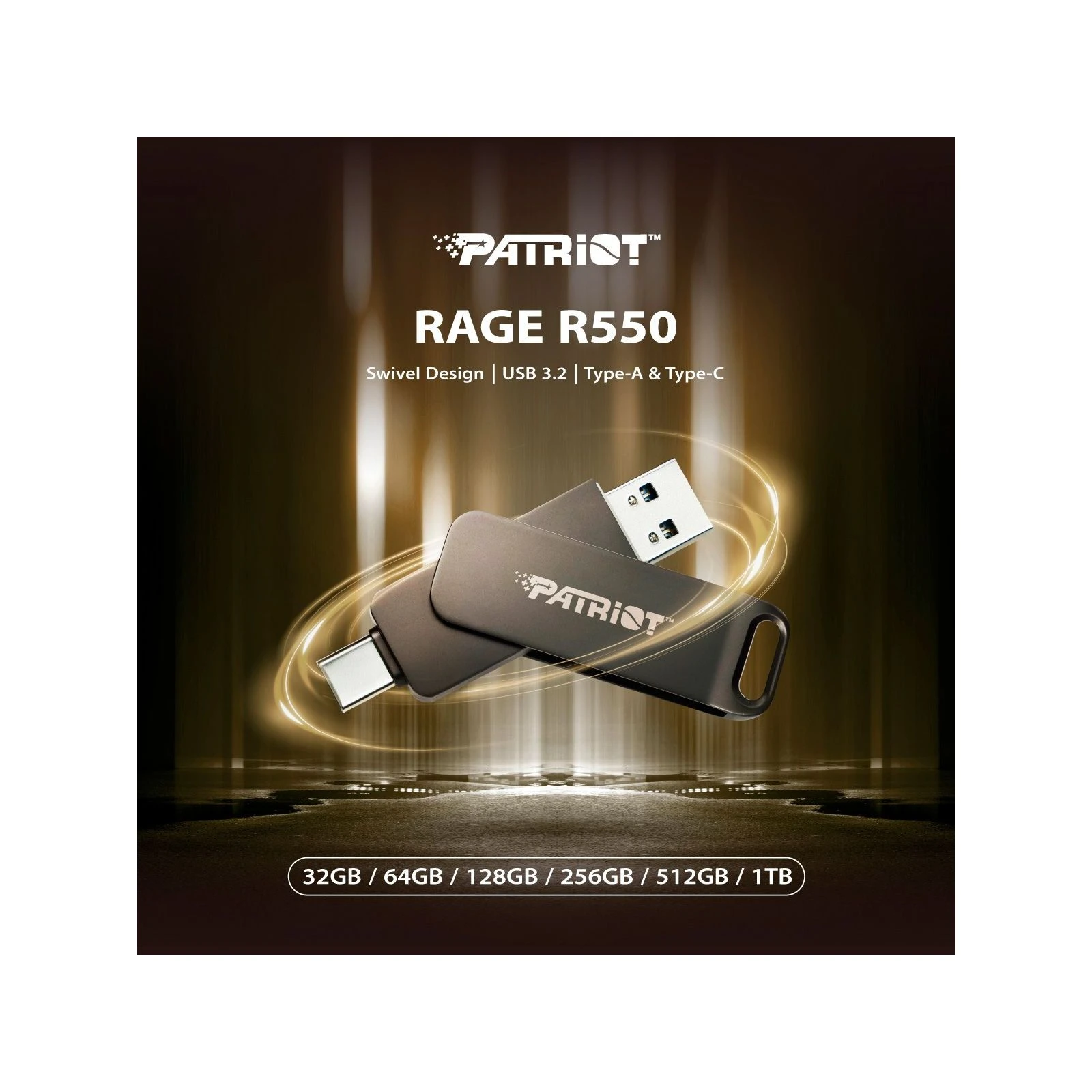 Patriot 32GB Rage R550 Matte Black USB 3.2/Type-C (PE32GR550DSAD) (UA) Максимальна швидкість читання 100 Мбайт сек