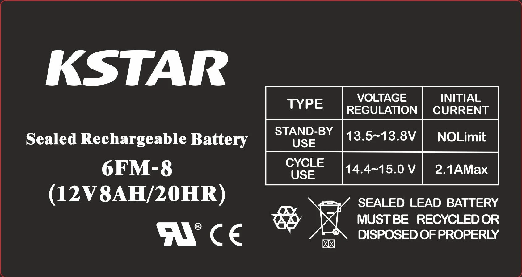 KSTAR 12V 8.0AH (6-FM-8) AGM (UA) Номінальна напруга: 12 В;