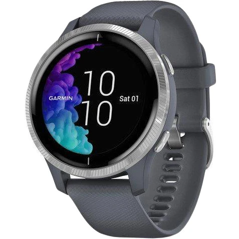 Спортивний годинник Garmin Venu Silver Stainless Steel Bezel w. Granite Blue and Silicone B. (010-02173-01/03) 010-02173-03 Типи фізичних навантажень  24 типи плюс додатково через Інсталяція (ходьба, біг, їзда на велосипеді, плавання, силові тренування, кардіо тренування, еліптичні тренування, кроки, йога, катання на лижах, сноуборд, веслування, пілатес і дихання, гольф тощо) 