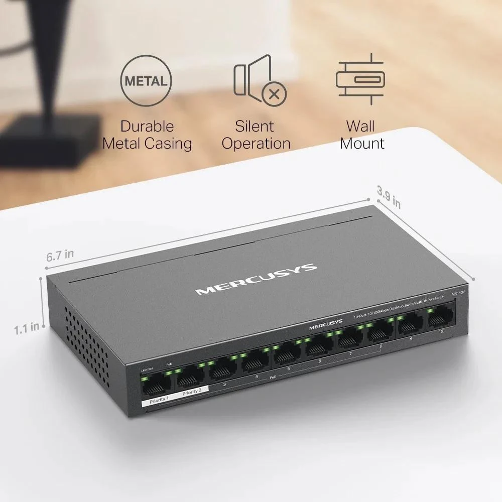 Коммутатор неуправляемый Mercusys MS110P (MS110P) (UA) Особенности бюджет PoE: 65 Вт
