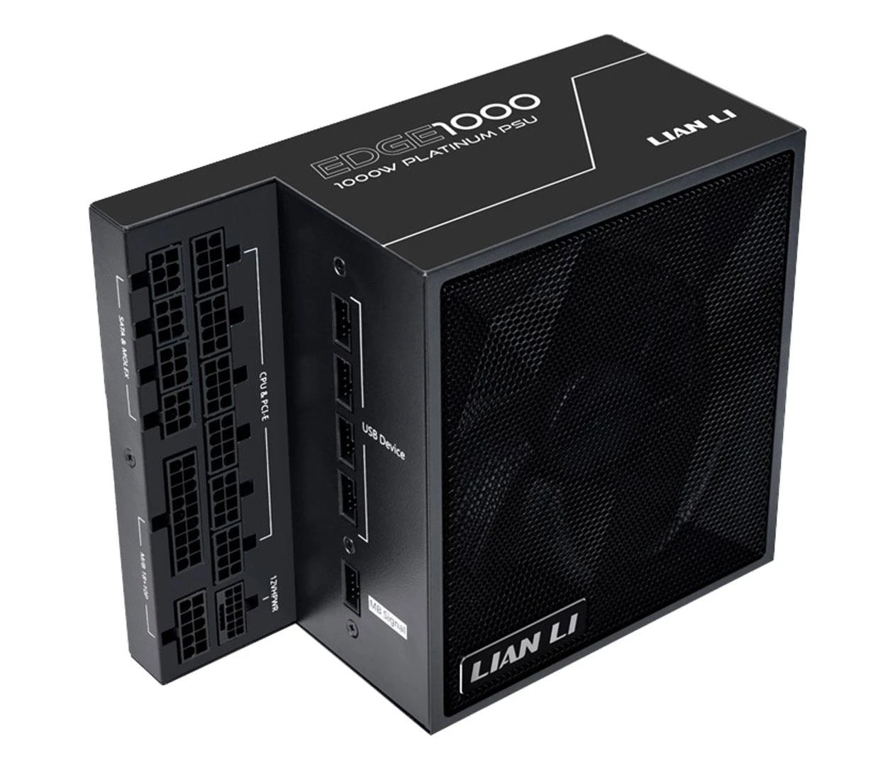 Lian Li EDGE EG 1000W 80 Plus Platinum ATX 3.1 (EG1000 Black) EU Разъемы питания  EPS12V/ATX 18+10 (28) pin – 1 шт.; pin CPU/PCI-E (8) – 6 шт; PCI-E 5.0 12+4 (16) pin – 1 шт.; pin SATA/MOLEX (6) – 4 шт; USB 2.0 – 4 шт.