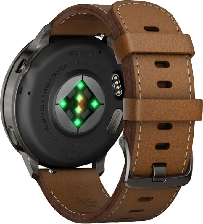 Смарт-годинники Garmin Venu 4 45 мм Slate з коричневим шкіряним ремінцем (010-03014-03) Бренд: Garmin; iOS: є; Android: є;