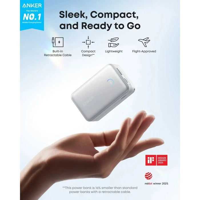 Anker Nano 10000mAh, 45W, Built-In USB-C Cable, white (A1638H21) (UA)