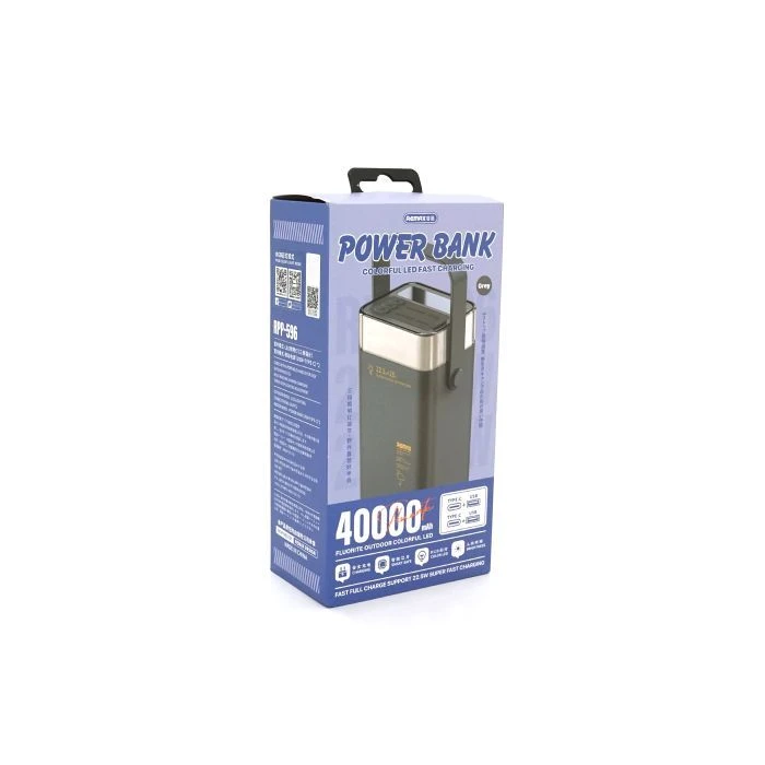 Remax 40000mAh, 22.5W, PD+QC, 2*USB+2*Type-C, Gray (RPP-596) (UA) Основне; Призначення: для