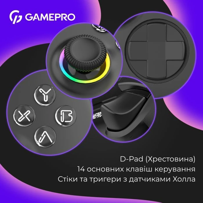 Геймпад GamePro BT 5.3/USB/2.4 ГГц (Switch/PC/iOS/Android) RGB Black (GPX13BDOC) (UA)