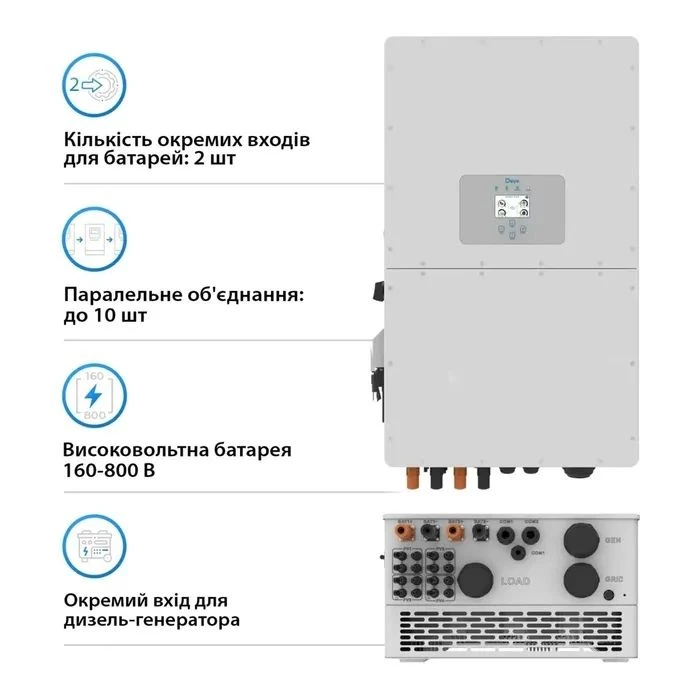Солнечный инвертор Deye SUN-50K-SG01HP3-EU-BM4 WiFi, 50кВт (SUN-50K-SG01HP3-EU-BM4) (UA) Тип инвертора: гибридный;