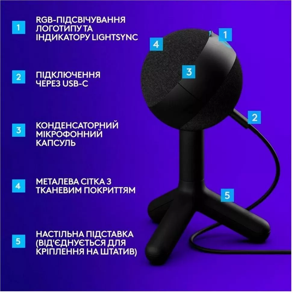 Logitech Yeti ORB RGB Black (988-000551) Бренд: Logitech; Спосіб підключення: