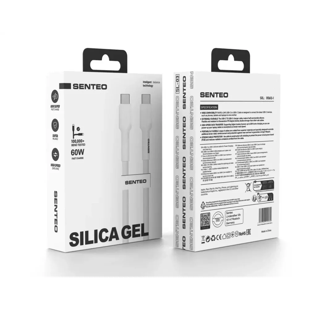 Кабель SENTEO SL-03 Silica Gel 60W Type-C to Type-C 2m White Довжина: 2m / Потужність: 60W / Тип