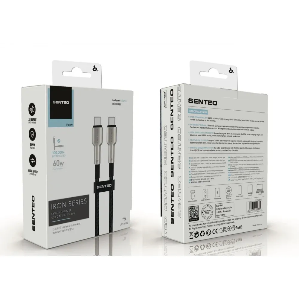 Кабель SENTEO SM-03 Iron series 60W Type-C to Type-C 1m Black