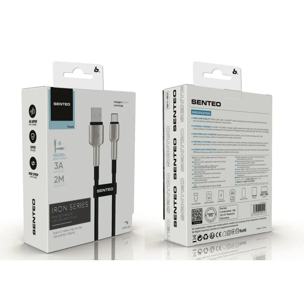Кабель SENTEO SM-03 Iron series 18W 3A USB to Type-C 2m Black