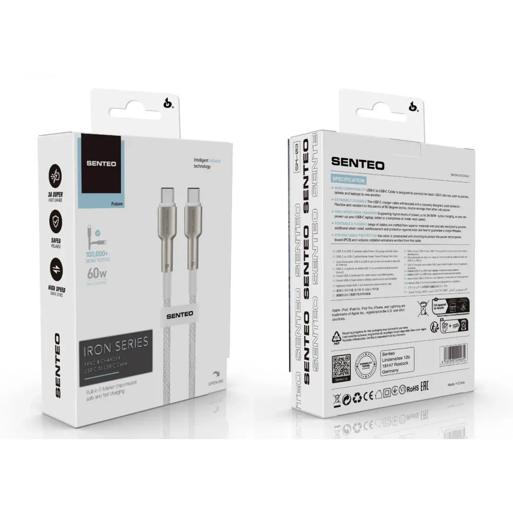 Кабель SENTEO SM-03 Iron series 60W Type-C to Type-C 1m White