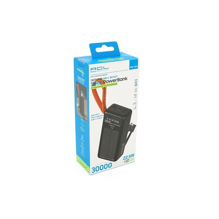 ACL 30000mAh, Solar, 22.5W, cables Type-C + Lighting, Black (ACL PW-141) (UA)