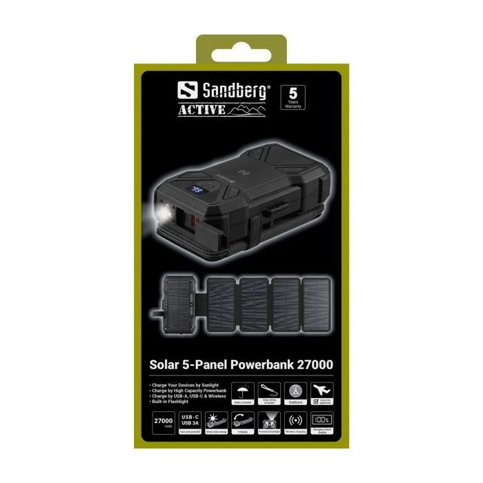 Sandberg 27000mAh Solar 5-Panel 8W, PD/20W, IP54, Flashlight, wireless charging 15W (421-06) (UA)