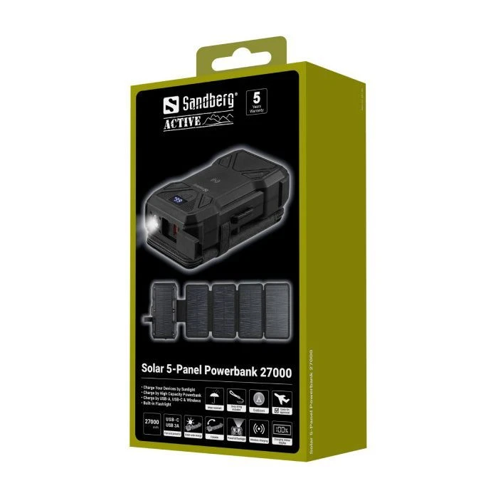 Sandberg 27000mAh Solar 5-Panel 8W, PD/20W, IP54, Flashlight, wireless charging 15W (421-06) (UA)