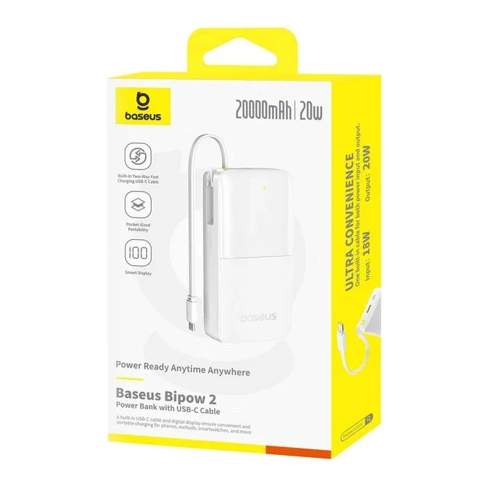Baseus Bipow 2 20000mAh 20W with USB-C cable white (P10077101213-01) (UA) Ємність: 20000 mAh; Призначення: для